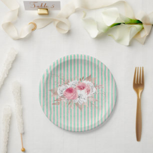 Shabby Chic Pink Bouquet Stripes  Paper Plate