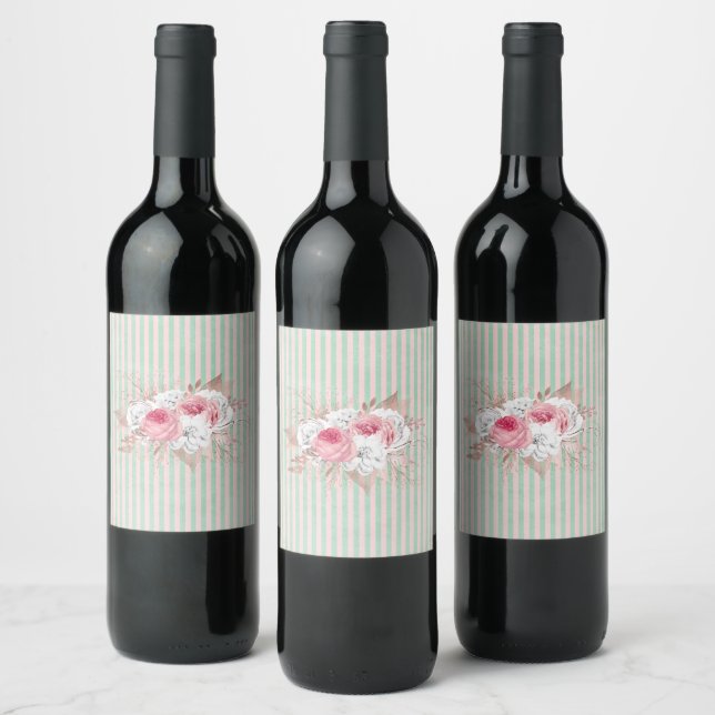 Shabby Chic Pink Bouquet Stripes  Wine Label (Bottles)