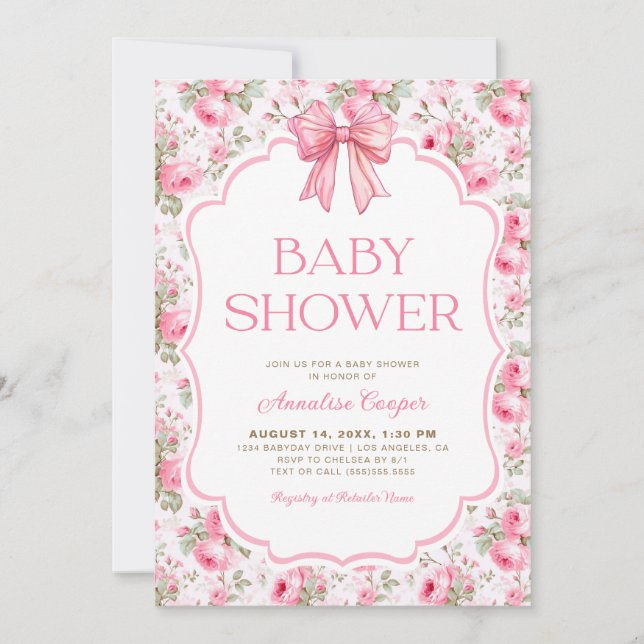 Shabby Chic Pink Bow Baby Shower Invitation (Front)