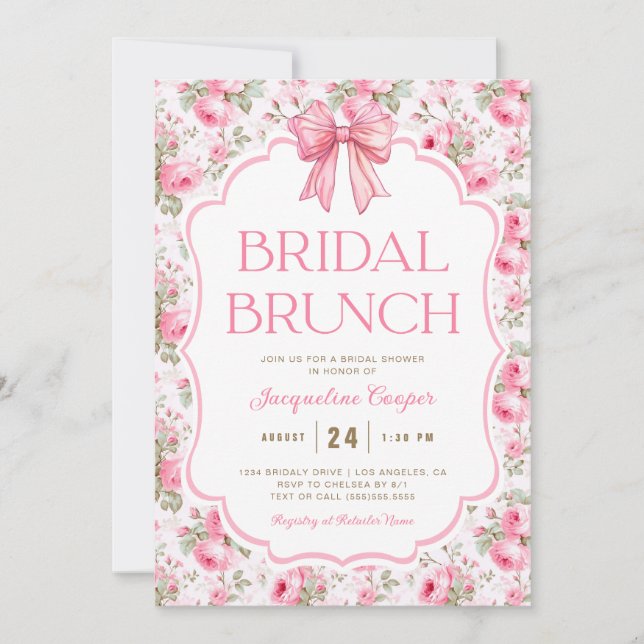 Shabby Chic Pink Bow Bridal Brunch Invitation (Front)
