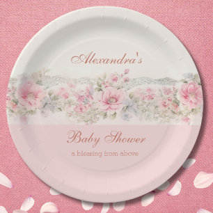 Shabby Chic Pink Floral Christian Baby Shower Paper Plate