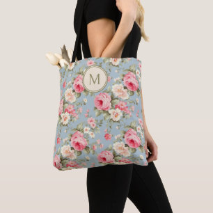 Shabby Chic Pink Floral Monogram Tote Bag