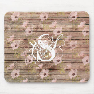 Shabby Chic Pink Floral Pattern Wood Monogram Mouse Pad
