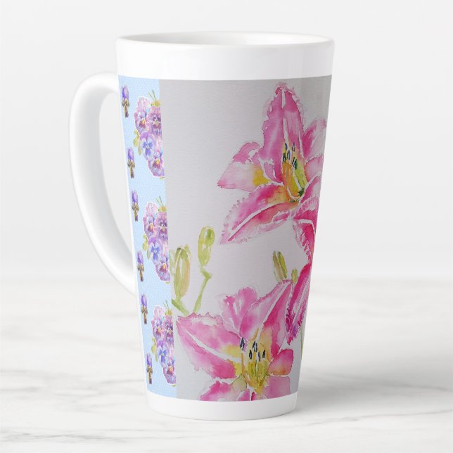 Shabby Chic pink Lily Floral Flowers Blue Spot Latte Mug (Left Angle)