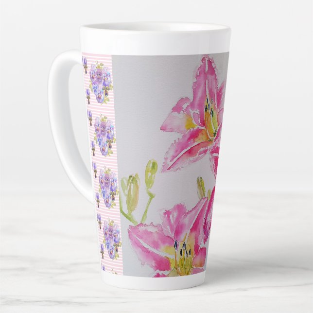 Shabby Chic pink Lily Floral Flowers Blue Spot Latte Mug (Left Angle)