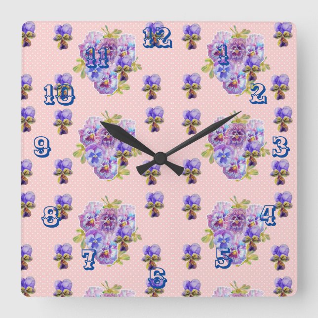 Shabby Chic Pink Pansies Pansy Floral Art Clock (Front)