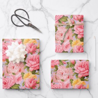 Shabby chic pink peach flowers wrapping paper sheet