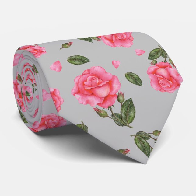Shabby Chic Pink Rose Botanical Illustration Tie (Rolled)