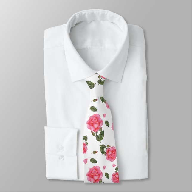 Shabby Chic Pink Rose Botanical Illustration Tie (Tied)