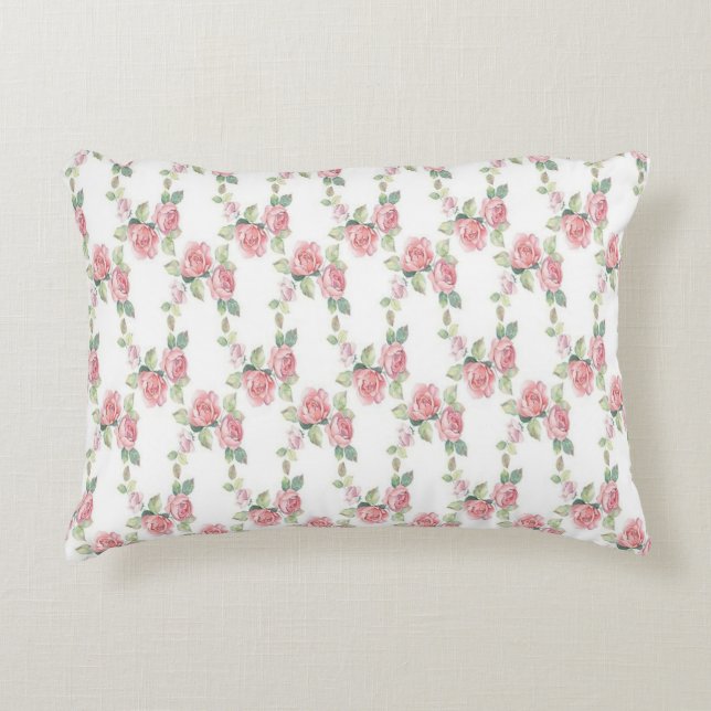 Shabby Chic Pink Rose Floral Decorative Cushion (Front)