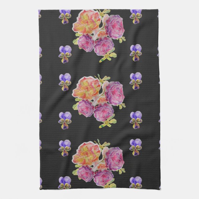Shabby Chic Pink Rose Floral Kitchen Tea Towel (Vertical)