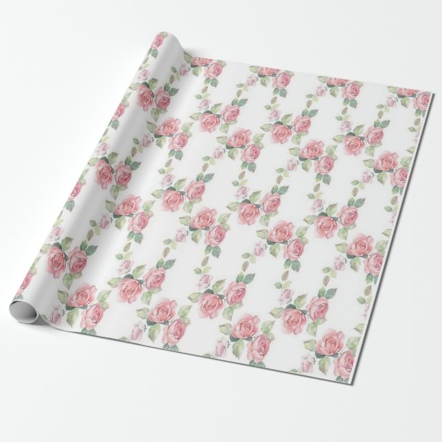 Shabby Chic Pink Rose Floral Wrapping Paper (Unrolled)