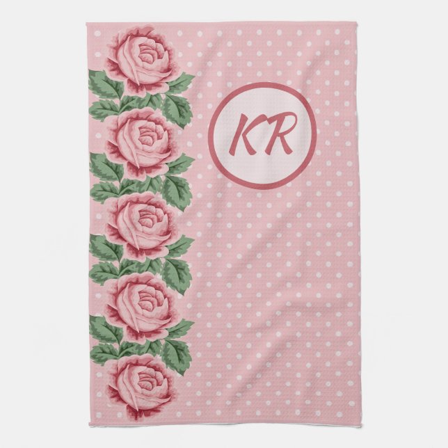 Shabby Chic Pink Rose Polka Dot Monogrammed Tea Towel (Vertical)