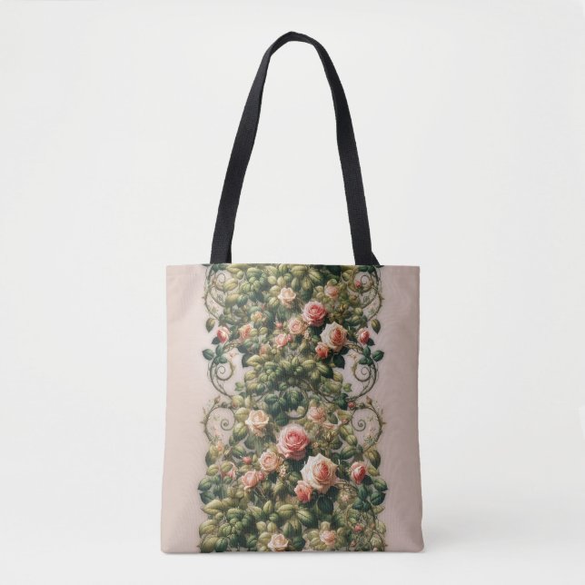 Shabby Chic Pink Rose Vines Floral Elegant Tote Bag (Front)