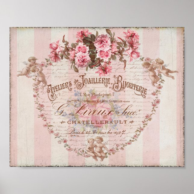 Shabby Chic Pink Roses Cupids French Script Poster (Front)