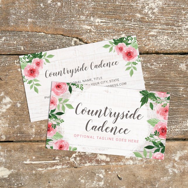 Shabby Chic Pink Roses on Rustic Country Barn Wood Business Card (Creator Uploaded)