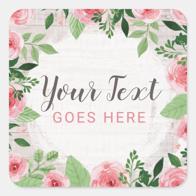Shabby Chic Pink Roses on Rustic Country Barn Wood Square Sticker (Front)