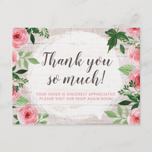 Shabby Chic Pink Roses on Rustic Country Thank You Postcard (Front)