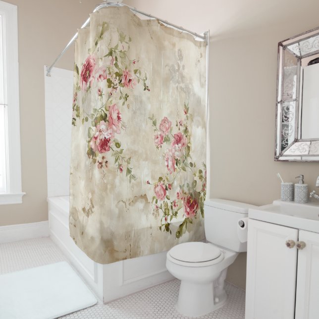 Shabby Chic Pink Roses Shower Curtain (In Situ)