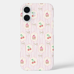 Shabby chic Pink stripes cherries Cupcakes Retro  iPhone 16 Case