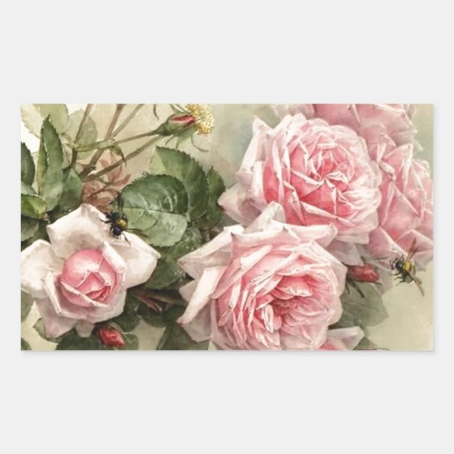 Shabby Chic Pink Victorian Roses Rectangular Sticker (Front)
