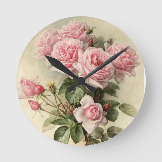 Shabby Chic Pink Victorian Roses Round Clock (Front)