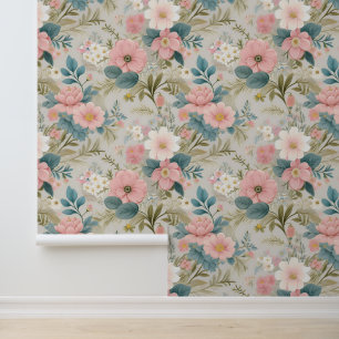 Shabby Chic Pink White Poppies Wallpaper