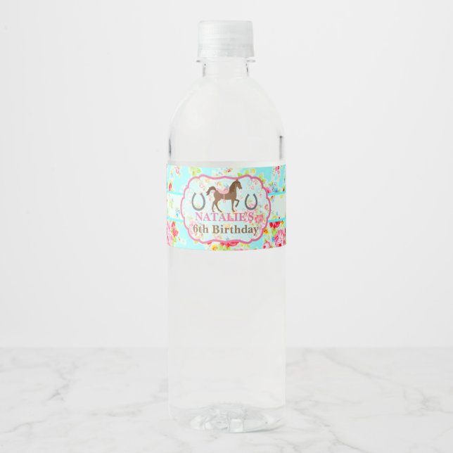 Shabby Chic Pony Birthday Party Water Bottle Label (Front)