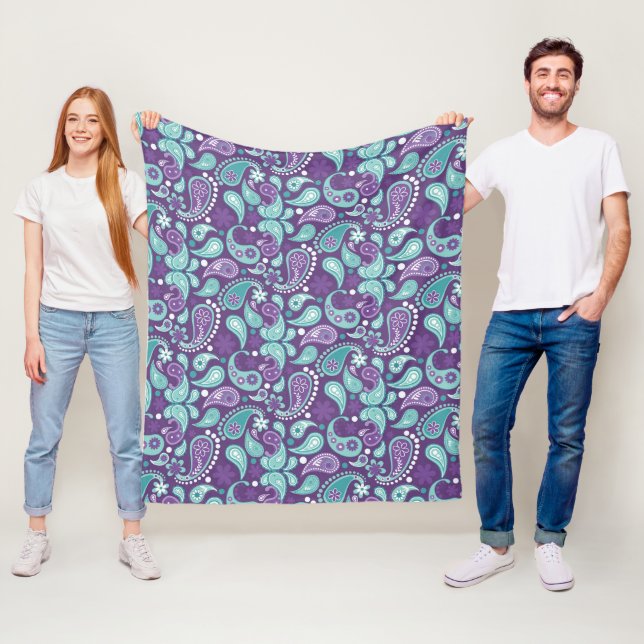 Shabby Chic Purple and Light blue Paisley Pattern Fleece Blanket (In Situ)