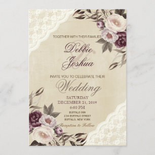 Shabby Chic Purple Floral Lace Wedding Invitation