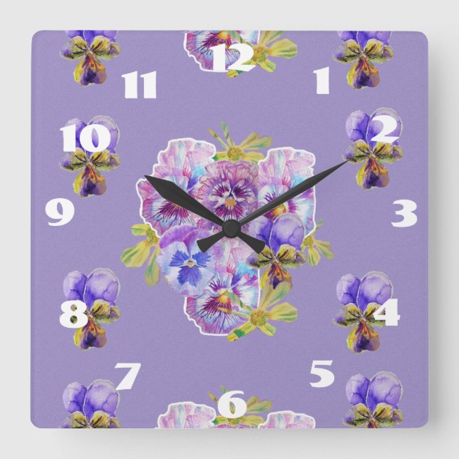 Shabby Chic Purple Pansies Pansy Floral Room Clock (Front)