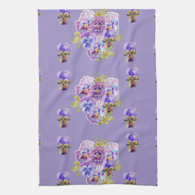 Shabby Chic Purple Pansy Floral Kitchen Tea Towel (Vertical)
