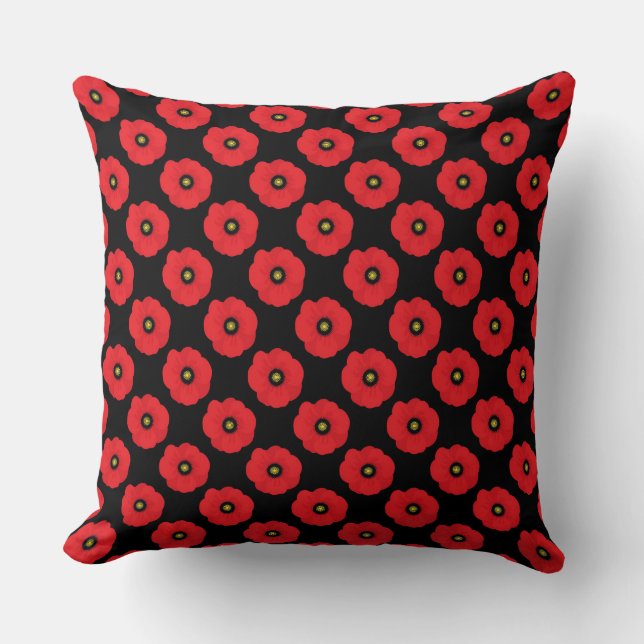 Shabby Chic Red and Black Poppies Pattern Cushion (Front)