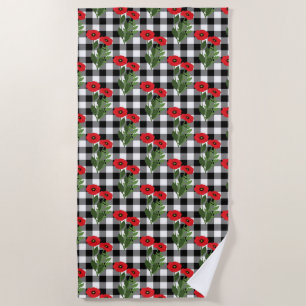 Shabby Chic Red, Black & White Poppies Floral Beach Towel