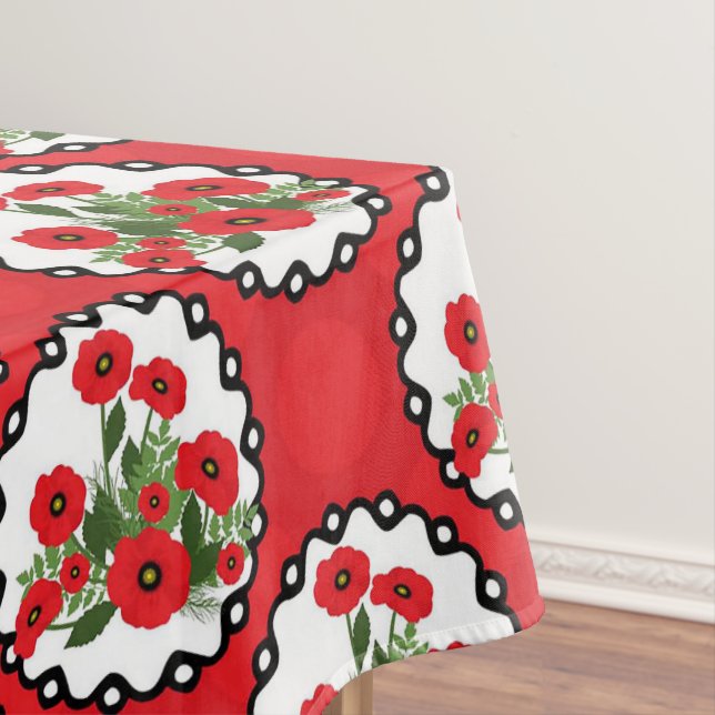 Shabby Chic Red, Black & White Poppies Floral Tablecloth (In Situ)