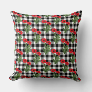 Shabby Chic Red, Black & White Poppies Gingham Cushion