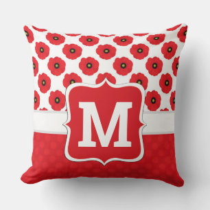 Shabby Chic Red, Black & White Poppies Monogram Cushion