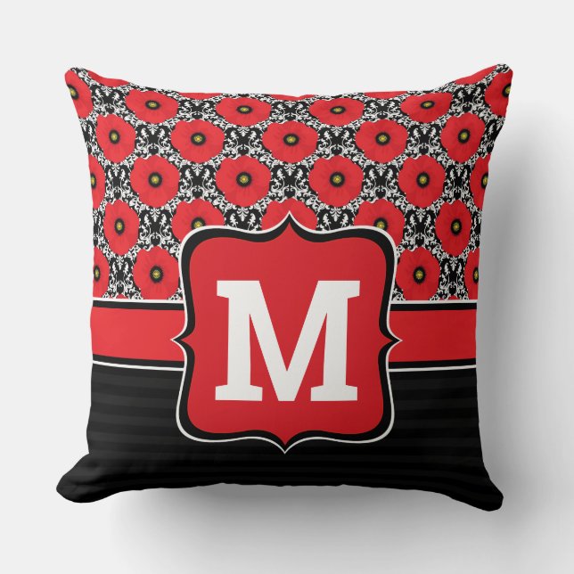 Shabby Chic Red, Black & White Poppies Monogram Cushion (Front)