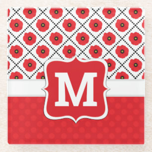 Shabby Chic Red, Black & White Poppies Monogram Glass Coaster