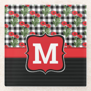Shabby Chic Red, Black & White Poppies Monogram Glass Coaster