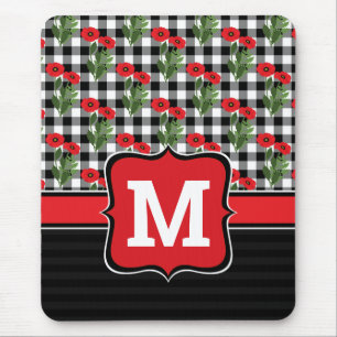 Shabby Chic Red, Black & White Poppies Monogram Mouse Pad