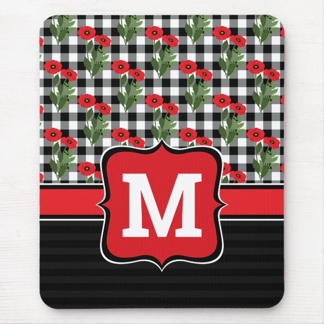 Shabby Chic Red, Black & White Poppies Monogram Mouse Pad (Front)