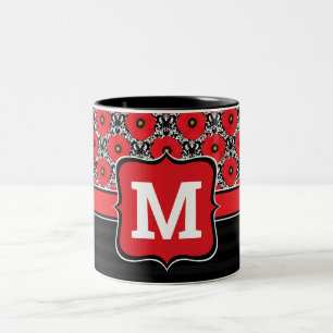 Shabby Chic Red, Black & White Poppies Monogram Two-Tone Coffee Mug