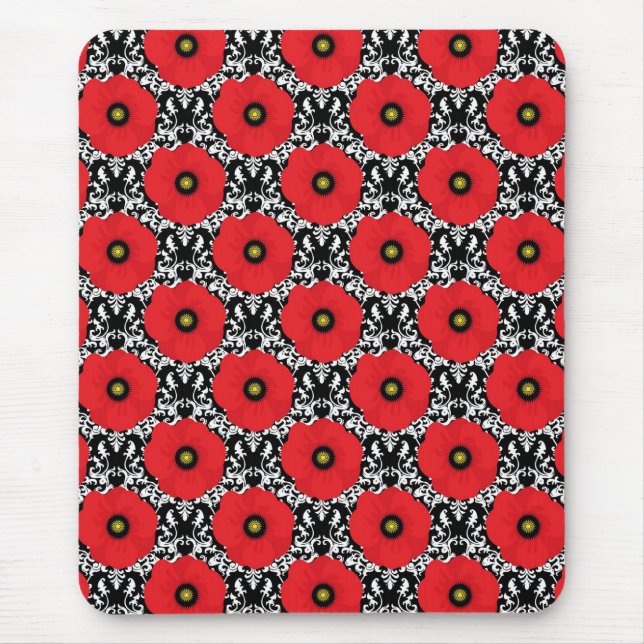 Shabby Chic Red, Black & White Poppies Pattern Mouse Pad (Front)