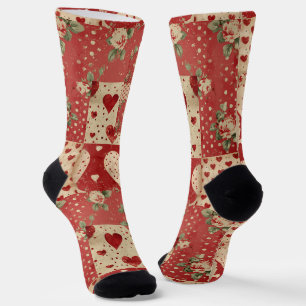 Shabby Chic Red Patchwork Pattern Socks