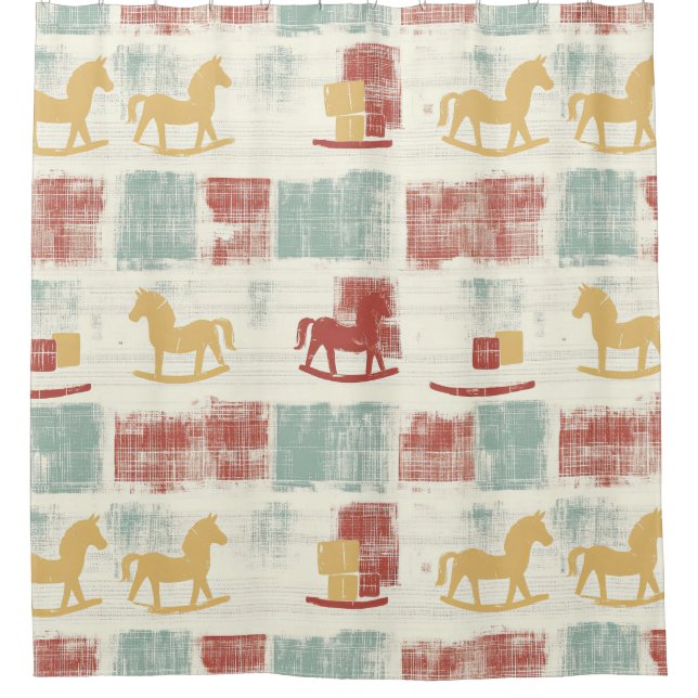 Shabby Chic Rocking Horse Plaid Pattern Shower Curtain (Front)