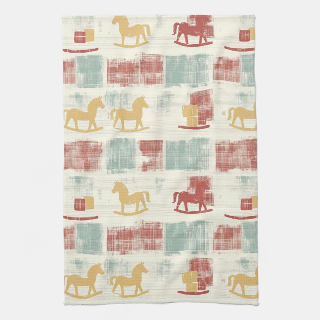 Shabby Chic Rocking Horse Plaid Pattern Tea Towel (Vertical)