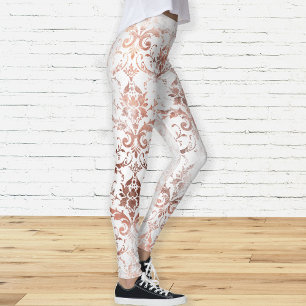 Shabby Chic Rose Gold and White Distressed Damask Leggings