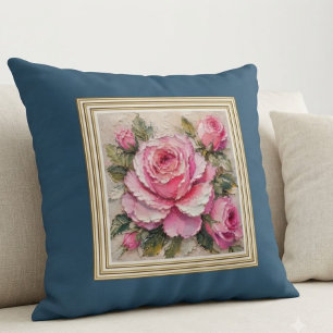 Shabby Chic Rose Oil Painting Steel Blue Accent Cushion