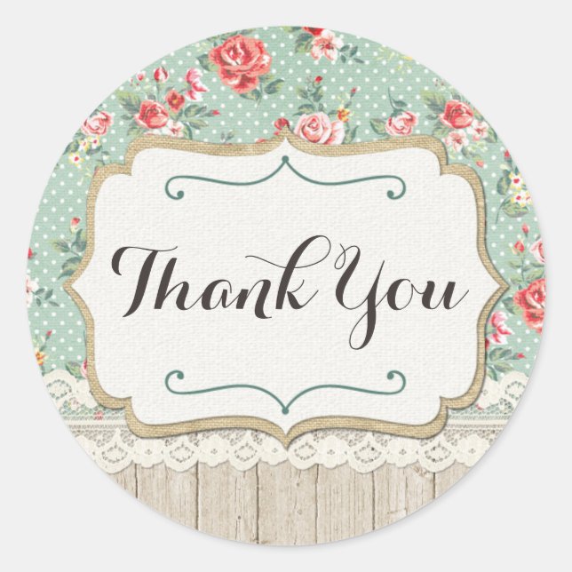 Shabby Chic Roses, Lace & Burlap Burlap Thank You Classic Round Sticker (Front)